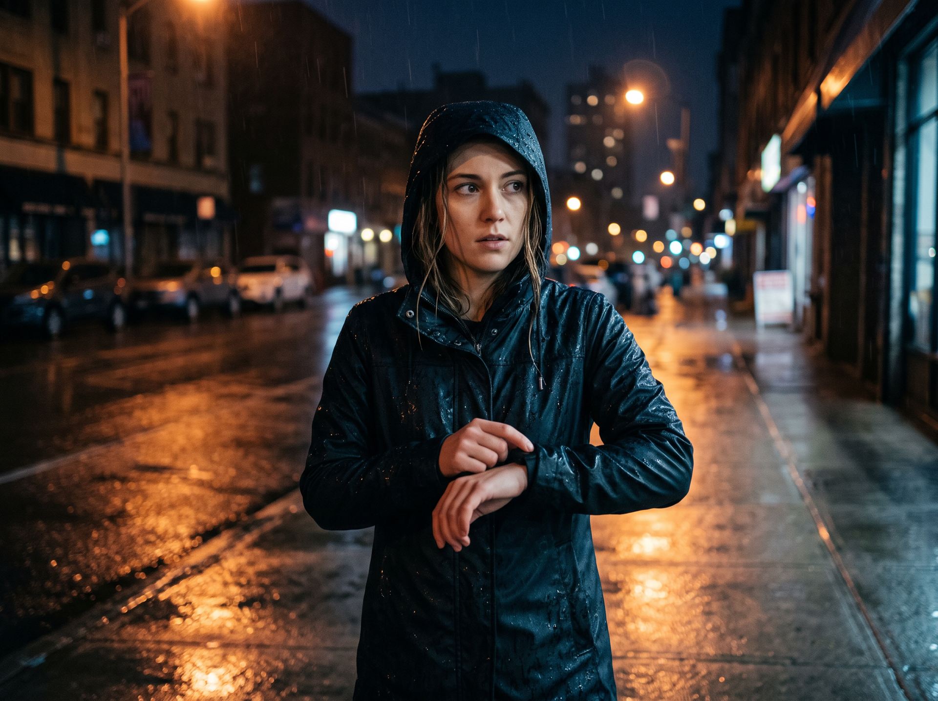 Femme seule la nuit sous la pluie, la main sur le bouton d'alerte à son poignet