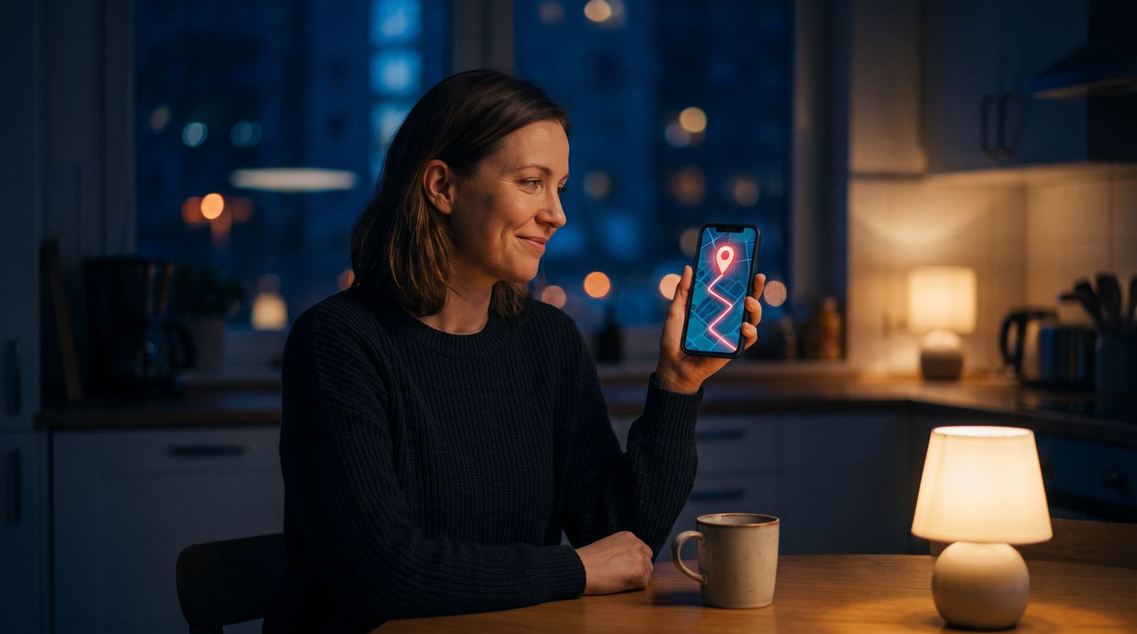 Femme qui suit sur son téléphone la position en direct d'un proche